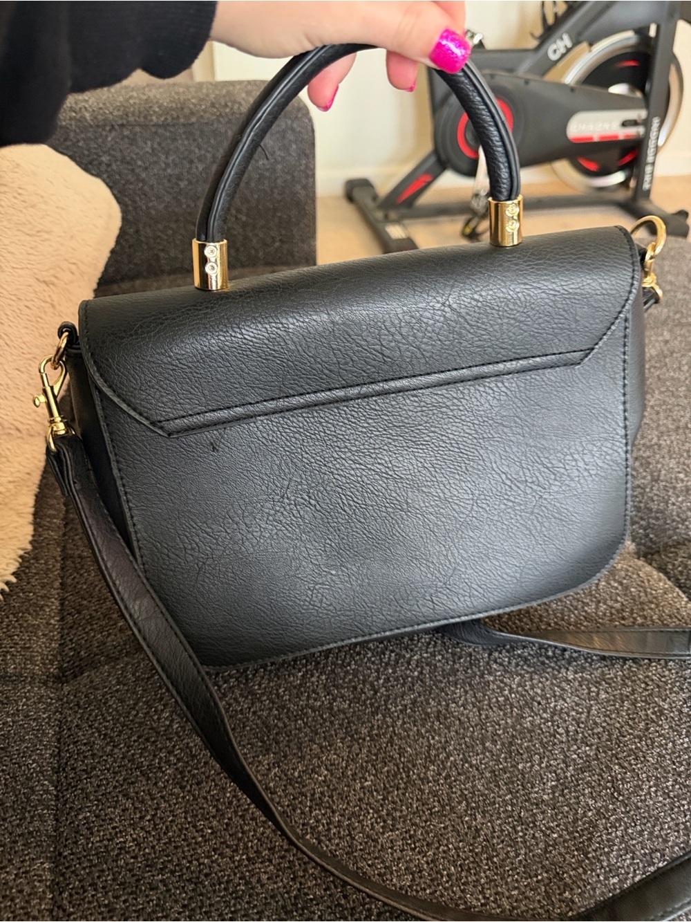 Black/Gray Stud-Accent Top Handle Shoulder Bag - Picture 5 of 8